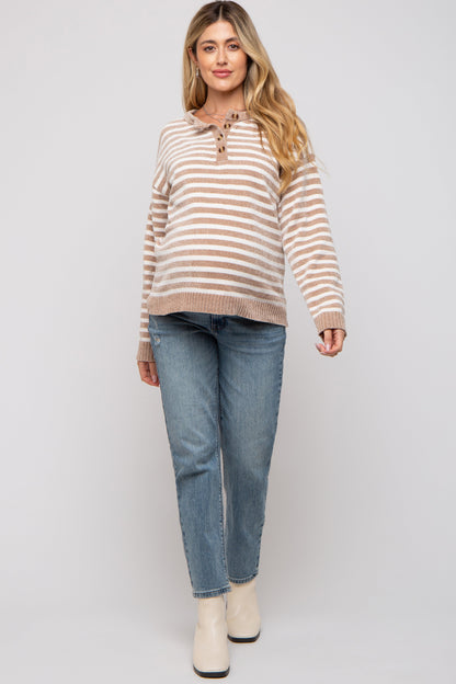 Mocha Striped Chenille Henley Maternity Sweater