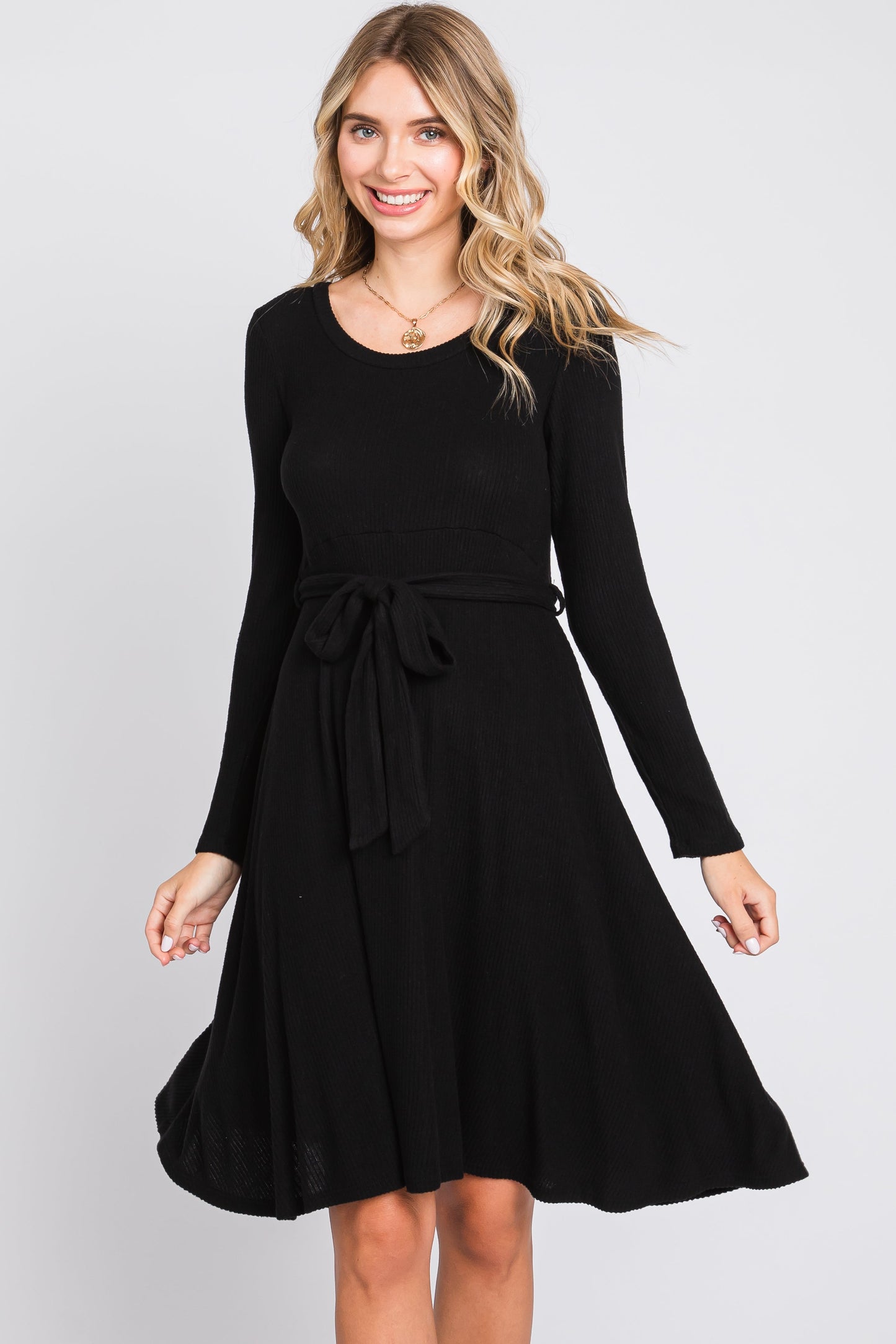 Black Soft Rib Knit Sash Tie Dress