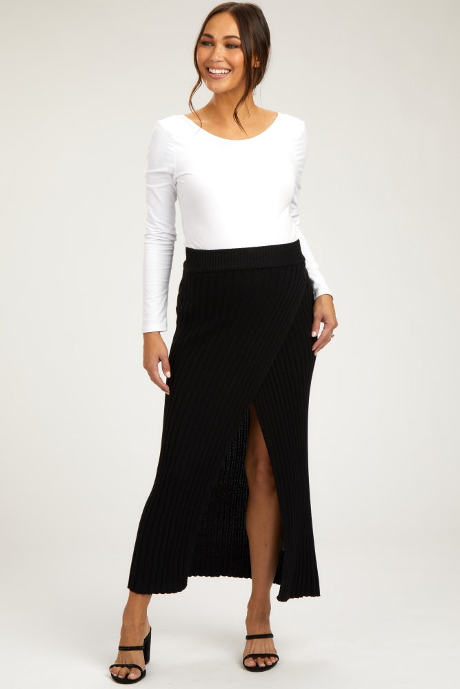 Black Ribbed Knit Wrap Maternity Maxi Skirt