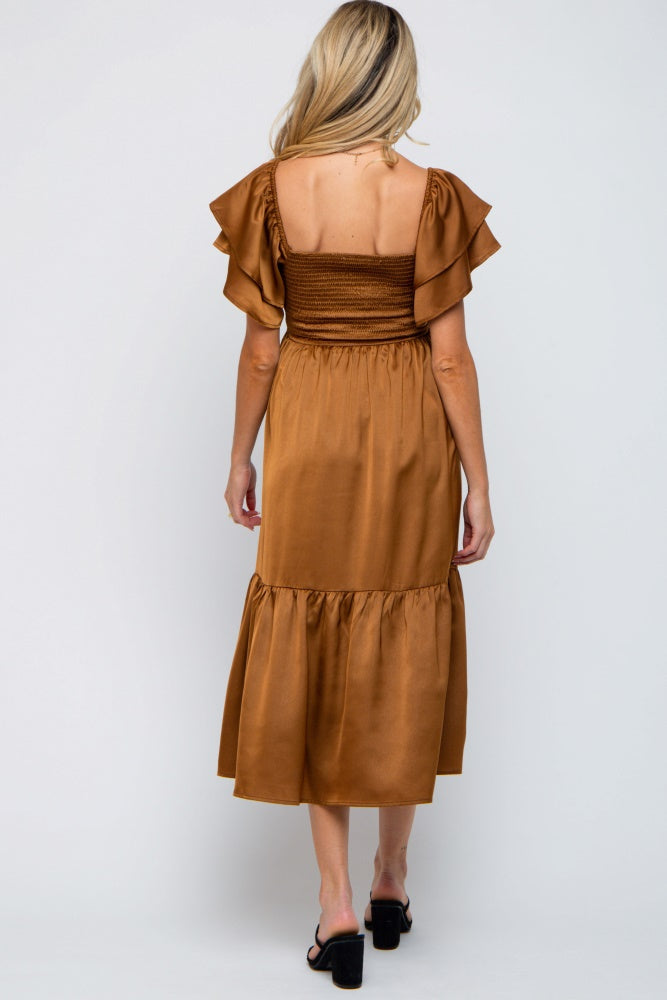 Camel Satin Flutter Sleeve Maternity Midi Dress