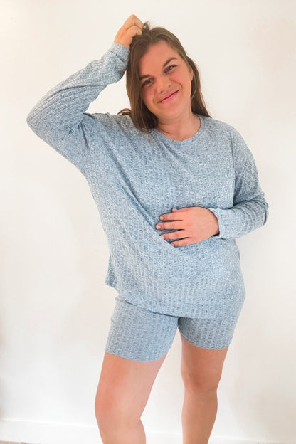 Blue Ribbed Long Sleeve Maternity Shorts Set