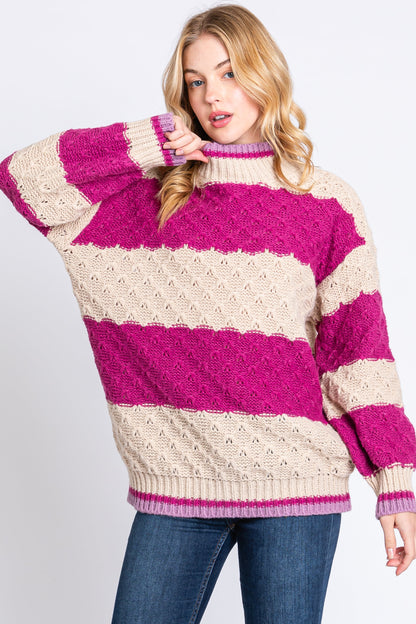 Magenta Striped Mock Neck Maternity Sweater
