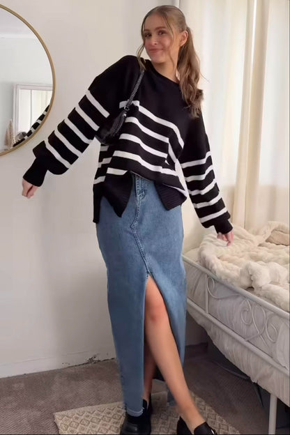 Black Striped Oversized Side Slit Sweater