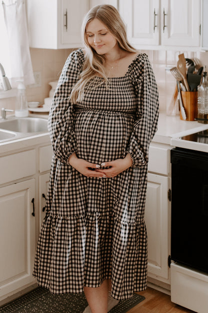 Black Gingham Long Sleeve Maternity Midi Dress