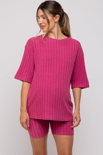 Fuchsia Ribbed Soft Short Sleeve Maternity Shorts Set