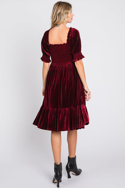 Burgundy Velvet Smocked Puff Sleeve Dress