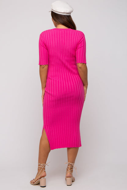 Fuchsia Ribbed Knit Maternity Midi Dress