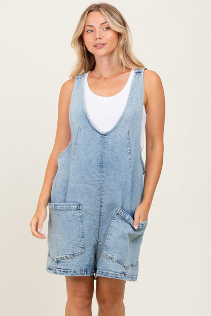 Light Blue Denim Scoop Neck Short Overall