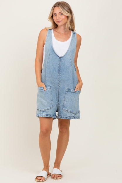 Light Blue Denim Scoop Neck Short Overall