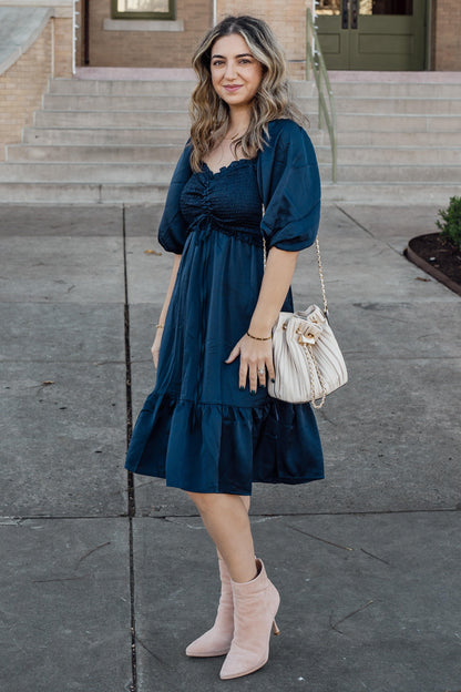 Navy Satin Smocked Ruffle Hem Dress
