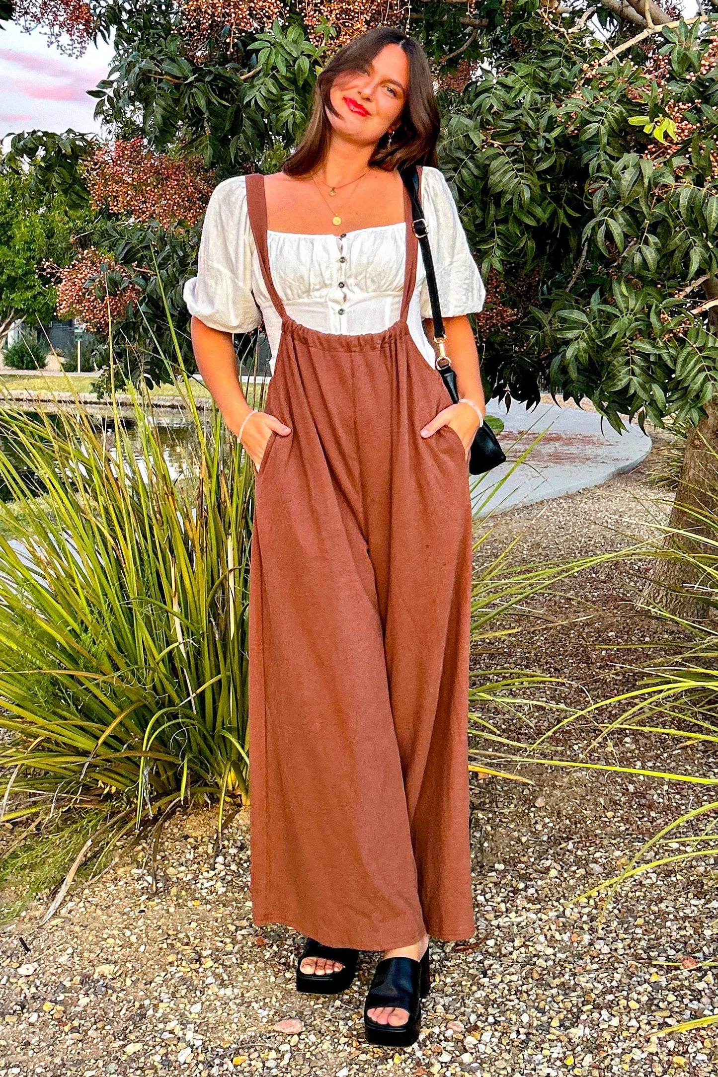 Mocha Ribbed Drawstring Wide Leg Jumpsuit