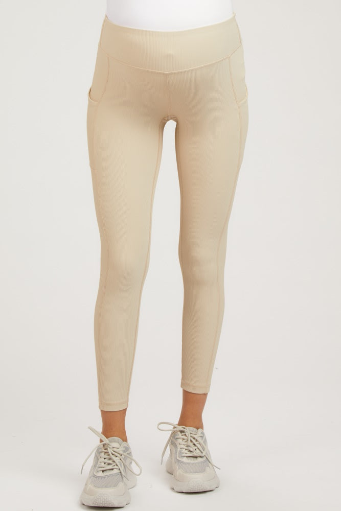 Beige Ribbed Maternity Active Leggings