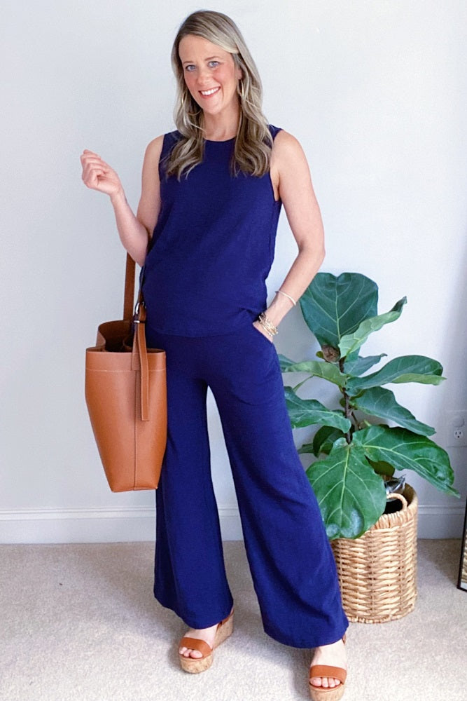 Navy Blue Slub Knit Maternity Pants Set