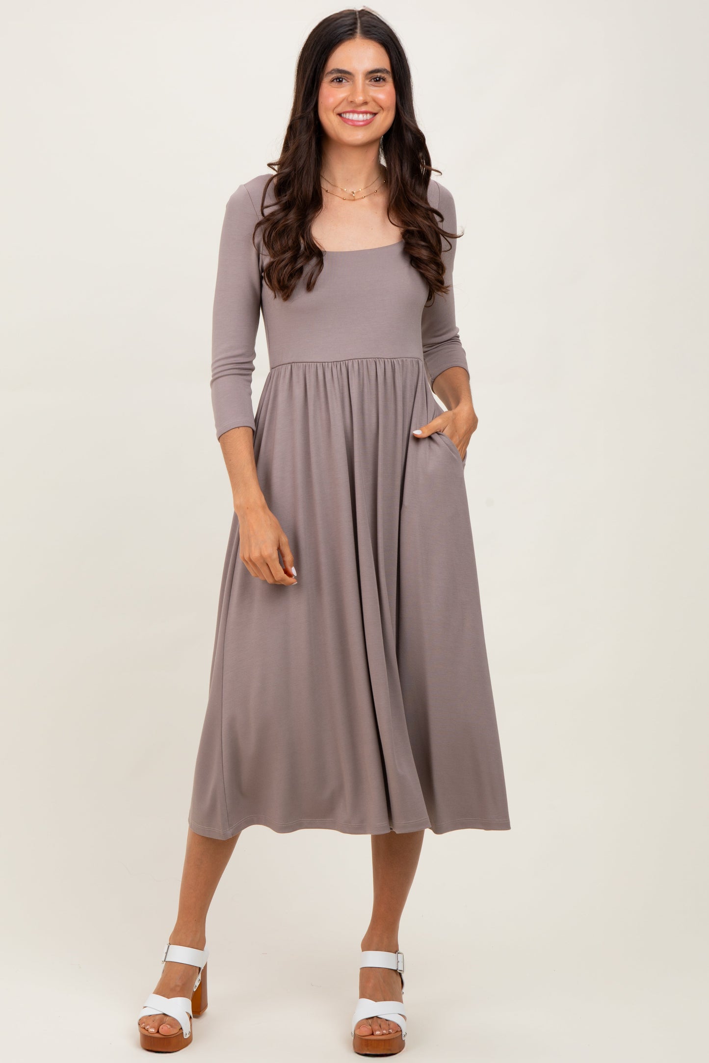 Mocha Square Neck 3/4 Sleeve Maternity Midi Dress