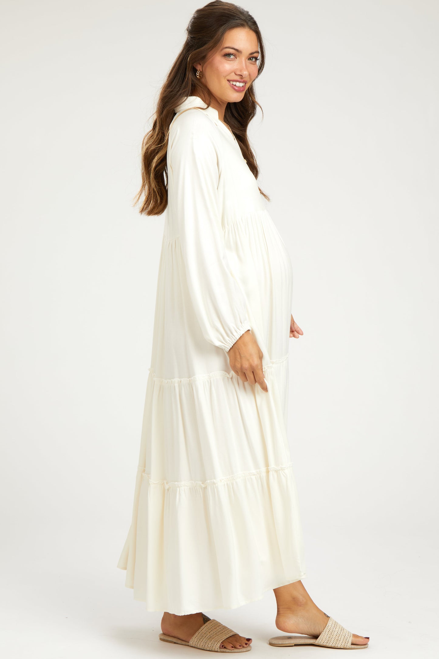 Ivory Button Front V-Neck Ruffle Tiered Maternity Midi Dress