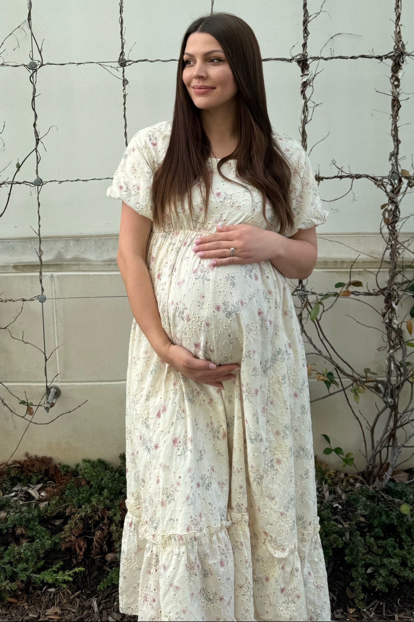 Ivory Button Front V-Neck Ruffle Tiered Maternity Midi Dress