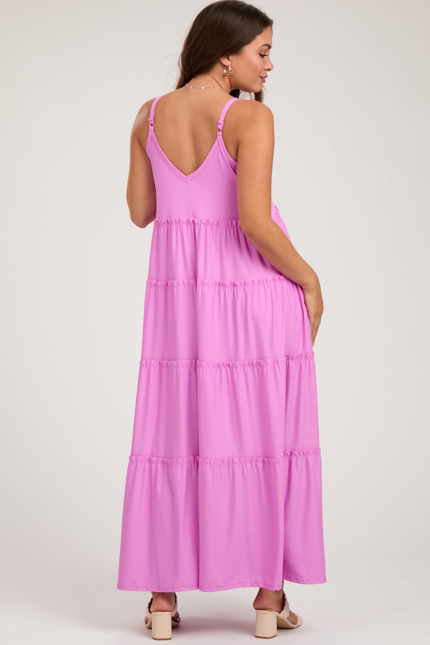 Pink Tiered Sleeveless Maternity Maxi Dress