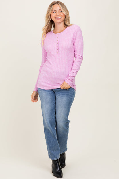 Pink Ribbed Knit Button Long Sleeve Top