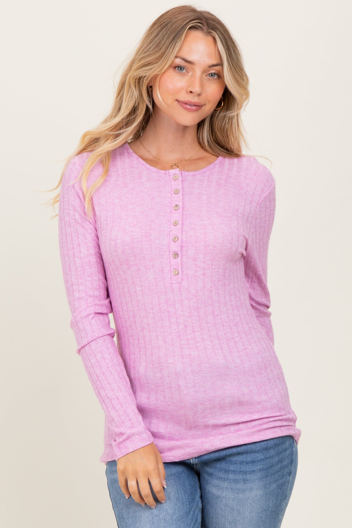Pink Ribbed Knit Button Long Sleeve Maternity Top