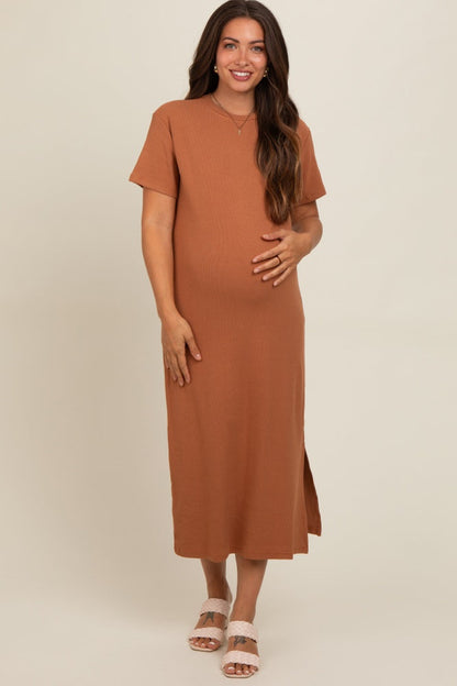 Camel Short Sleeve Side Slit Maternity T-Shirt Midi Dress