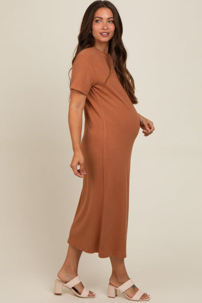 Camel Short Sleeve Side Slit Maternity T-Shirt Midi Dress