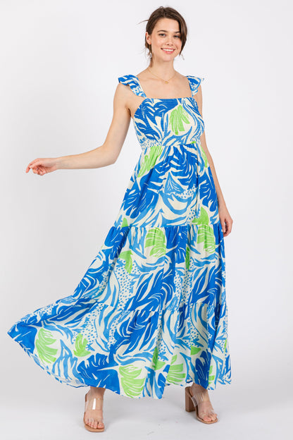Blue Leaf Print Smocked Maternity Maxi Dress