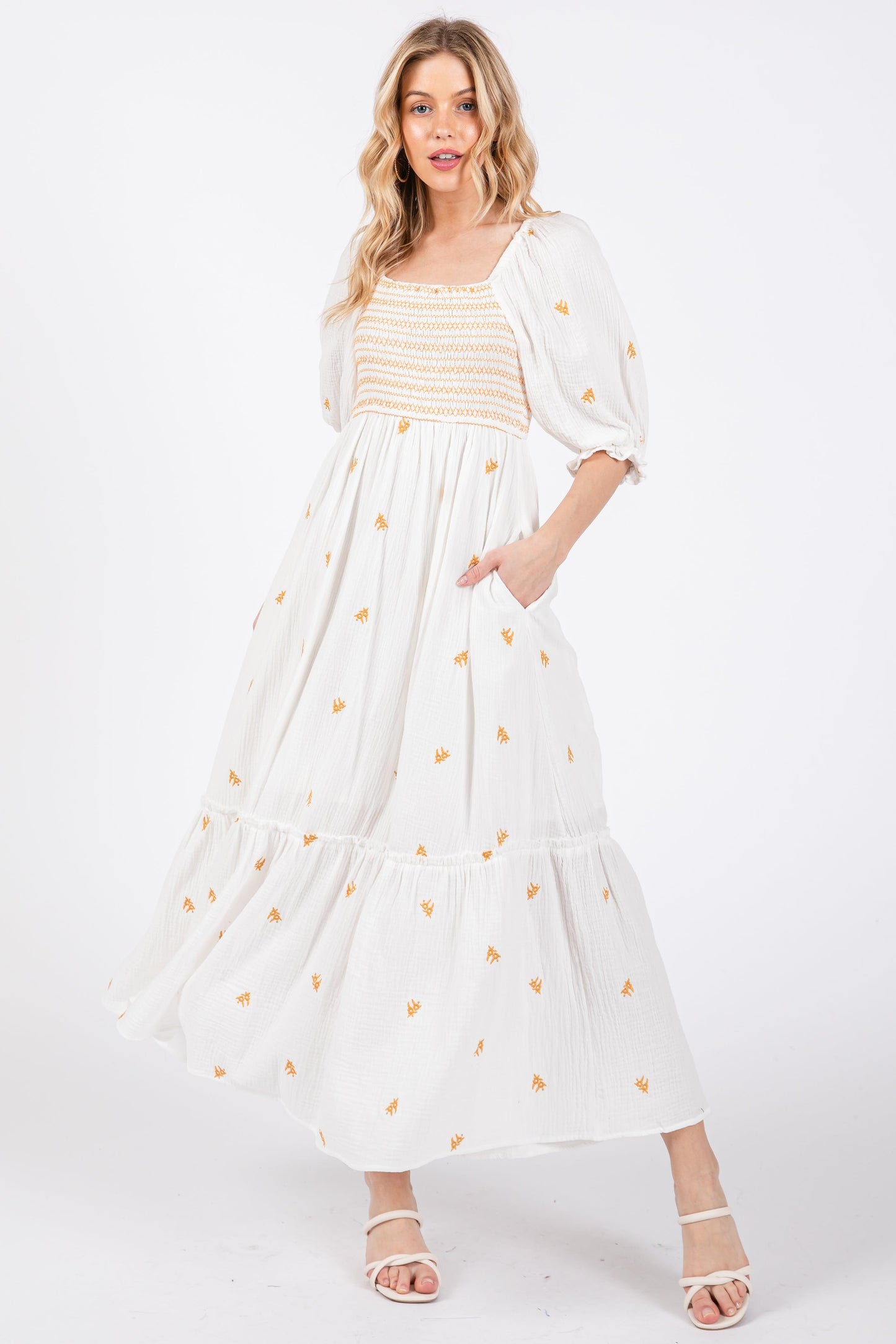 Ivory Gauze Smocked Embroidered Square Neck Maternity Midi Dress