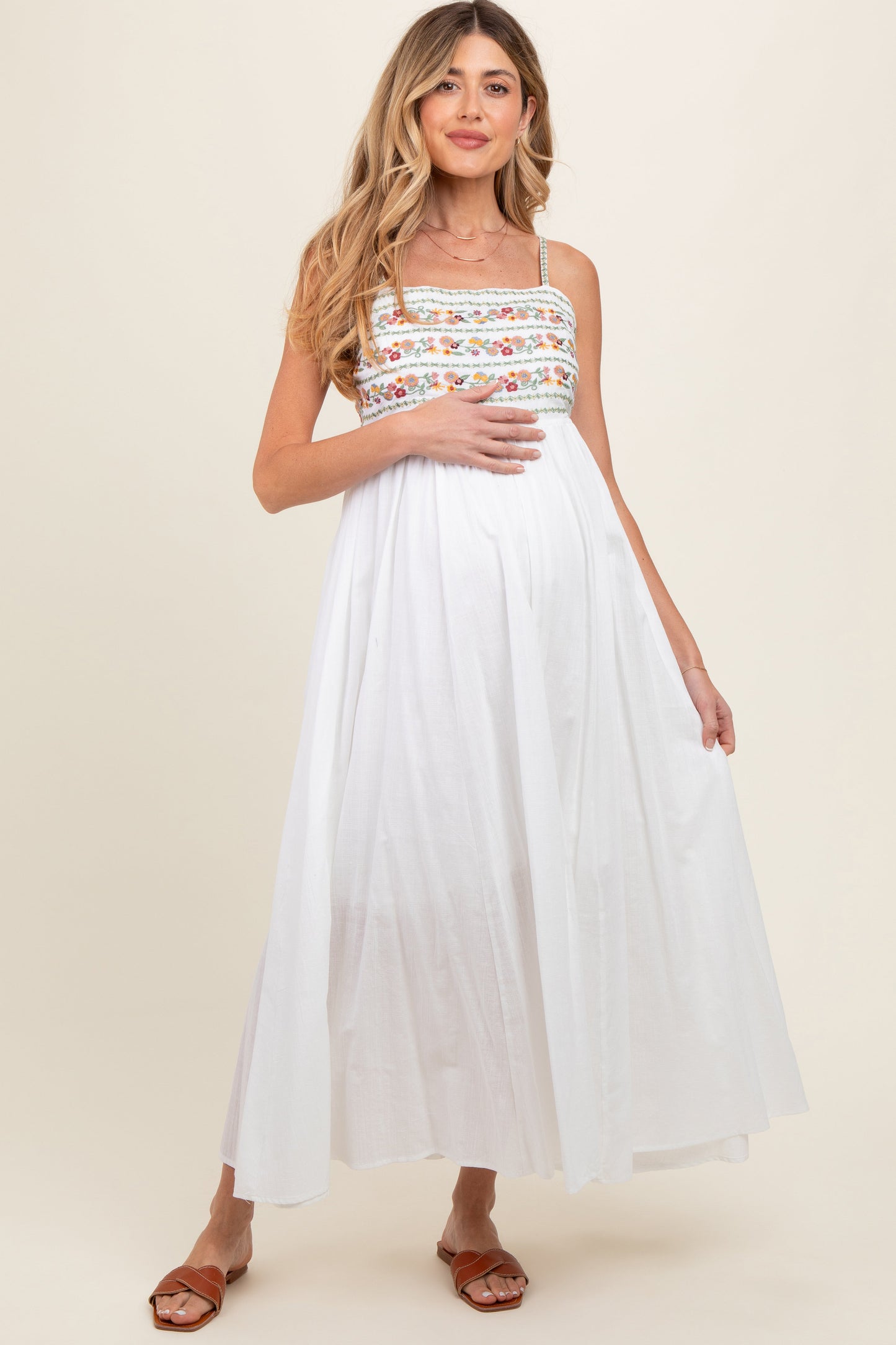 Multi-Color Floral Embroidered Lace-Up Back Maternity Maxi Dress