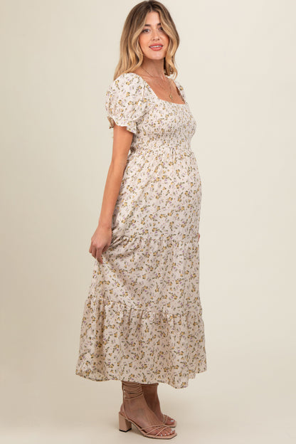 Cream Floral Smocked Square Neck Tiered Puff Short Sleeve Maternity Maxi Dress